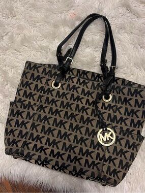 Michael Kors Brown and Black MK Logo Tote with Gold Charm